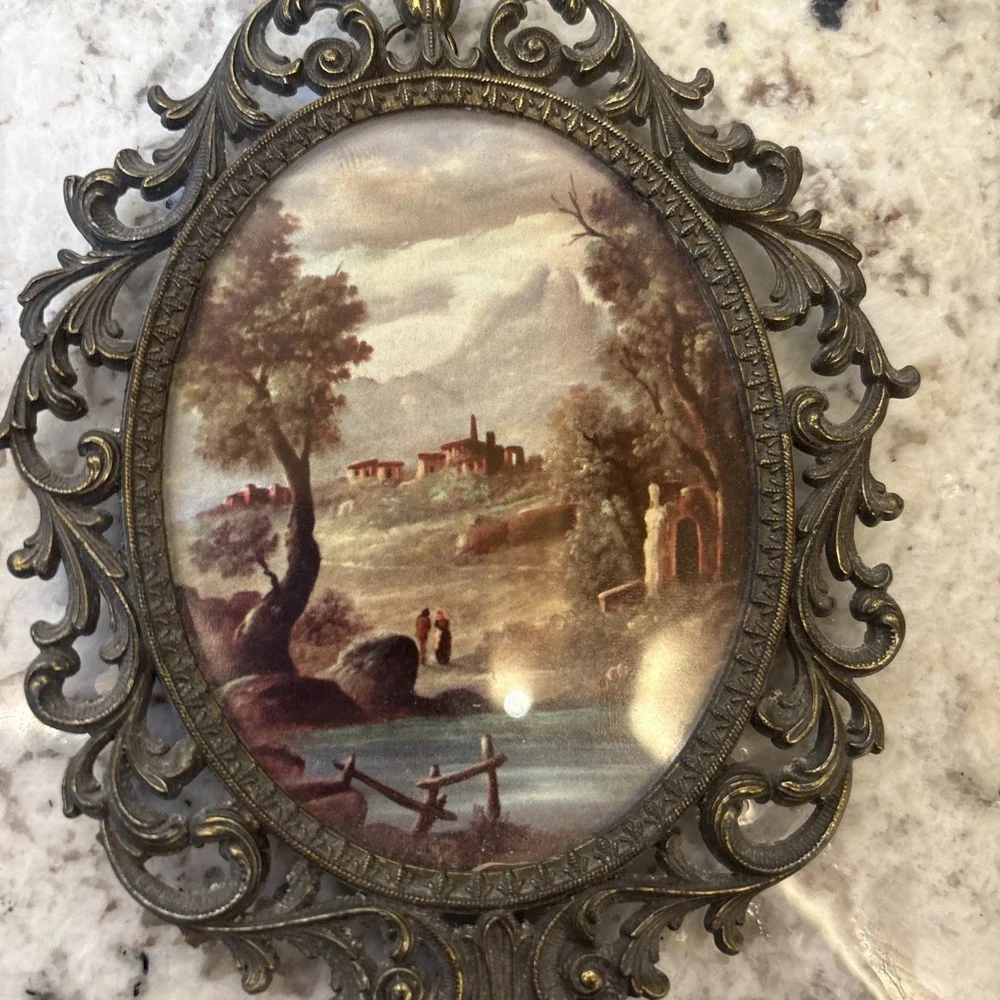 Small Ornate Patina Gold Filigree Oval Frame Florentine Landscape Print Art VTG
